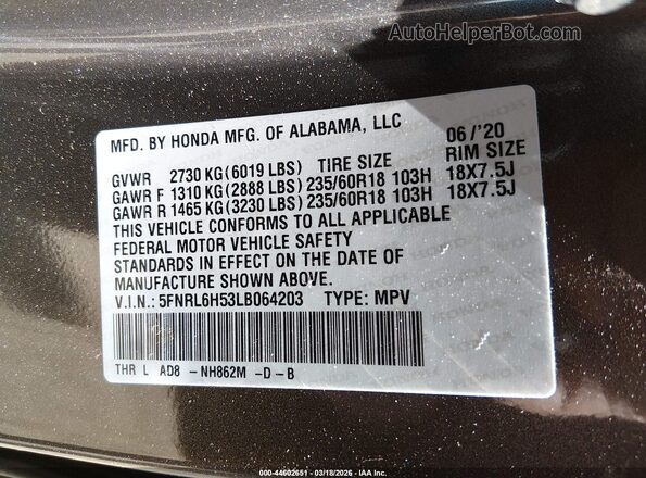 5FNRL6H53LB064203 2020 HONDA ODYSSEY Gray Engine compartment view