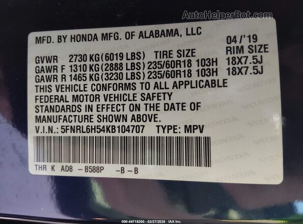 5FNRL6H54KB104707 2019 HONDA ODYSSEY Blue 