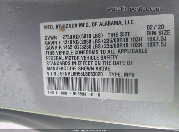 5FNRL6H56LB053020 2020 HONDA ODYSSEY Silver Vista del compartimento del motor