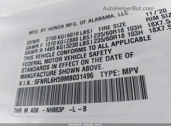 5FNRL6H59MB031496 2021 HONDA ODYSSEY White ძრავის განყოფილების ხედი