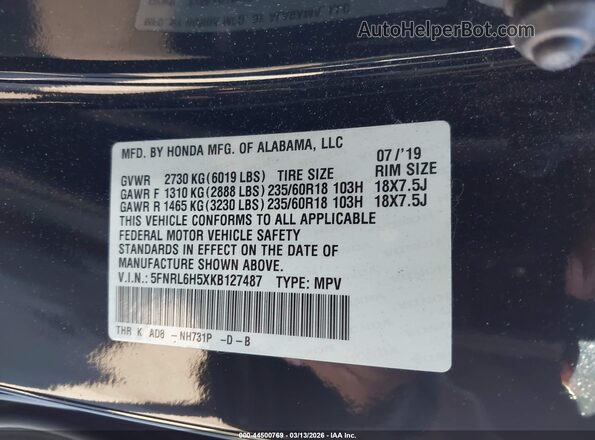 5FNRL6H5XKB127487 2019 HONDA ODYSSEY Black Widok komory silnika