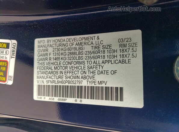 5FNRL6H60PB052797 2023 HONDA ODYSSEY Blue VIN կոդի պիտակի տեսք