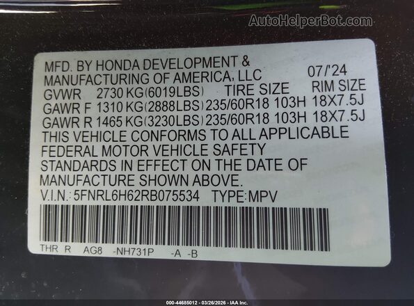 5FNRL6H62RB075534 2024 HONDA ODYSSEY Black Engine compartment view