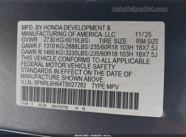 5FNRL6H64TB027282 2026 HONDA ODYSSEY Gray Շարժիչի բաժամունքի տեսք