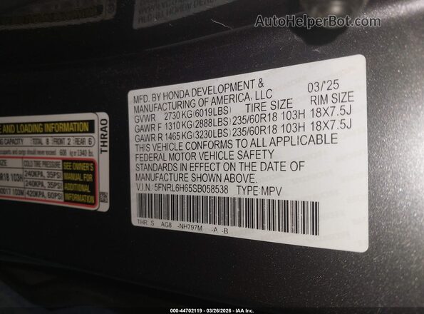 5FNRL6H65SB058538 2025 HONDA ODYSSEY Gray 