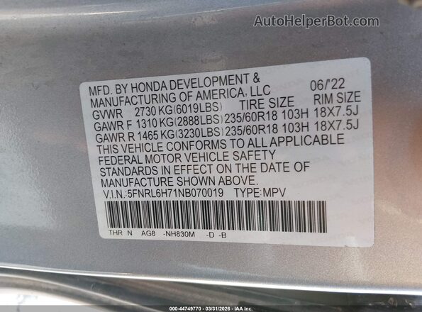 5FNRL6H71NB070019 2022 HONDA ODYSSEY Silver 