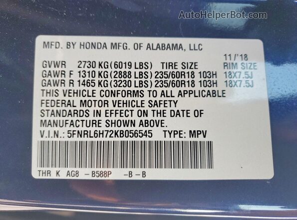 5FNRL6H72KB056545 2019 HONDA ODYSSEY Blue 