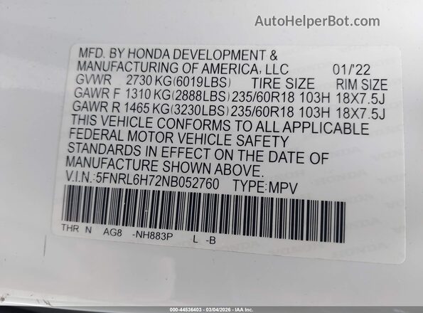 5FNRL6H72NB052760 2022 HONDA ODYSSEY White Շարժիչի բաժամունքի տեսք