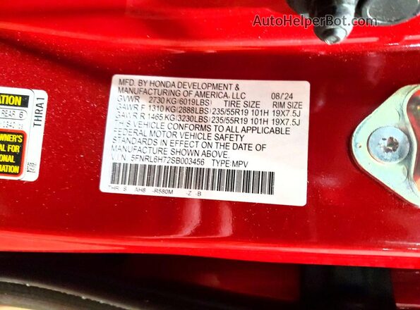 5FNRL6H72SB003456 2025 HONDA ODYSSEY Red 