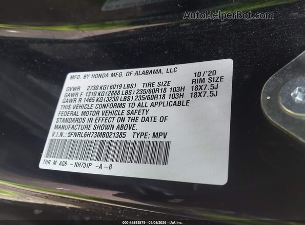 5FNRL6H73MB021385 2021 HONDA ODYSSEY Black Widok komory silnika