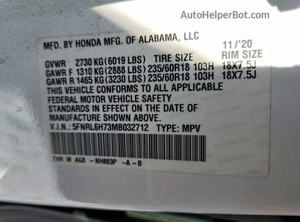 5FNRL6H73MB032712 2021 HONDA ODYSSEY White Widok wnętrza 360 stopni