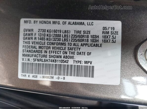 5FNRL6H74KB110542 2019 HONDA ODYSSEY Gray 