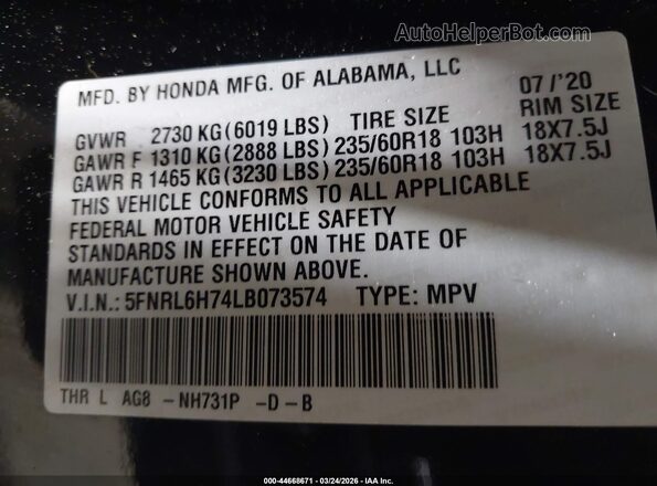 5FNRL6H74LB073574 2020 HONDA ODYSSEY Black Engine compartment view
