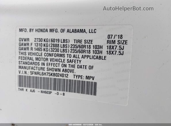 5FNRL6H75KB024012 2019 HONDA ODYSSEY White 