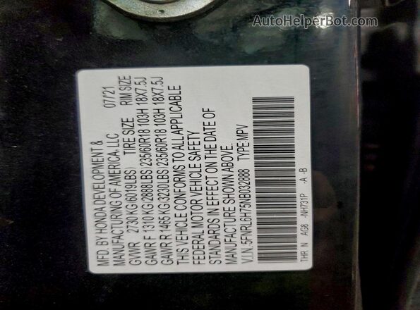 5FNRL6H75NB032888 2022 HONDA ODYSSEY Black Vista de la etiqueta del VIN