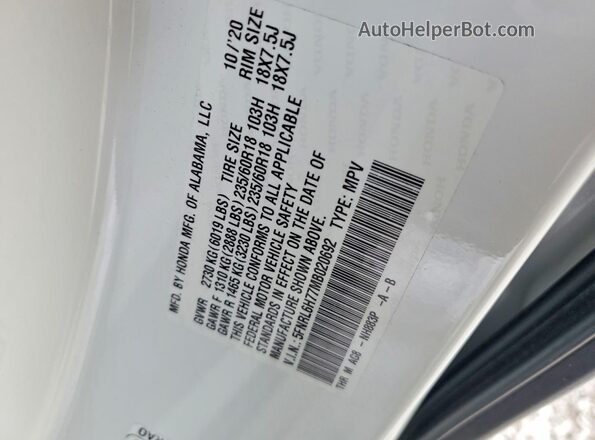5FNRL6H77MB020692 2021 HONDA ODYSSEY White VIN sticker view