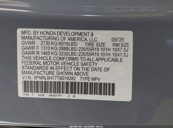 5FNRL6H77TB019282 2026 HONDA ODYSSEY Gray Вид підкапотного простору