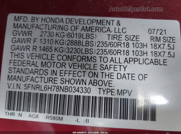 5FNRL6H78NB034330 2022 HONDA ODYSSEY Red Widok komory silnika