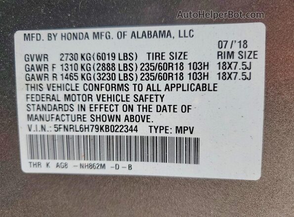 5FNRL6H79KB022344 2019 HONDA ODYSSEY Коричневый 