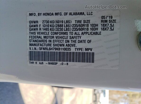 5FNRL6H79KB110035 2019 HONDA ODYSSEY White 
