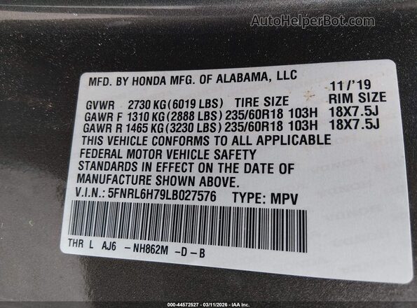 5FNRL6H79LB027576 2020 HONDA ODYSSEY Gray Вид підкапотного простору