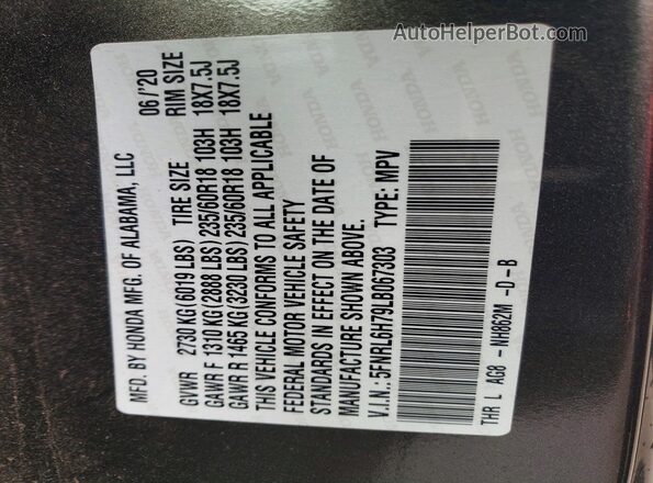 5FNRL6H79LB067303 2020 HONDA ODYSSEY Gray 