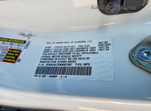 5FNRL6H7XMB007967 2021 HONDA ODYSSEY White Vista del compartimento del motor