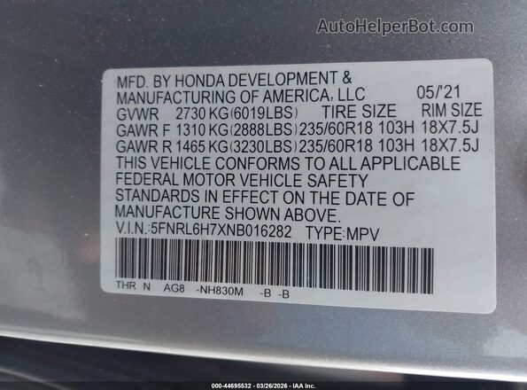 5FNRL6H7XNB016282 2022 HONDA ODYSSEY Gray Widok komory silnika