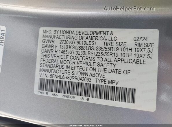 5FNRL6H80RB042663 2024 HONDA ODYSSEY Silver Շարժիչի բաժամունքի տեսք