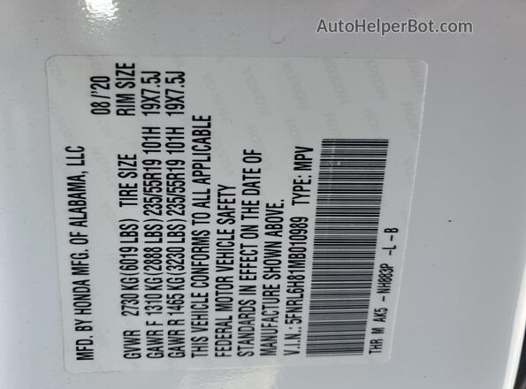 5FNRL6H81MB010989 2021 HONDA ODYSSEY Белый Вид наклейки с VIN-кодом
