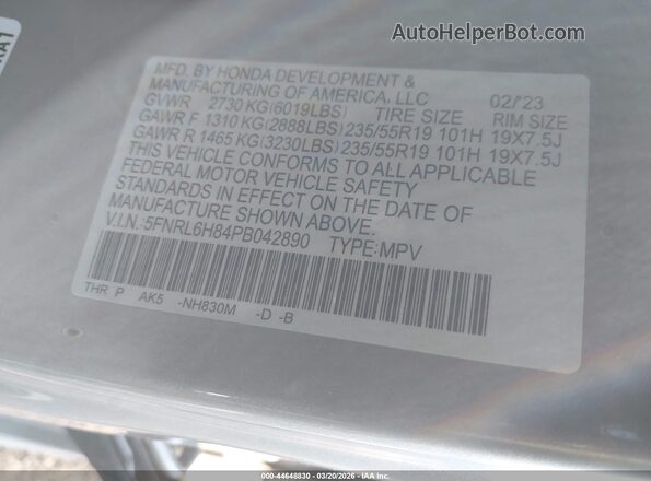 5FNRL6H84PB042890 2023 HONDA ODYSSEY Gray Vista del compartimento del motor