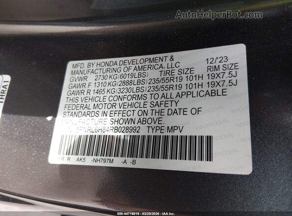 5FNRL6H84RB028992 2024 HONDA ODYSSEY Gray Engine compartment view