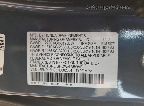 5FNRL6H85TB002604 2026 HONDA ODYSSEY Blue VIN կոդի պիտակի տեսք