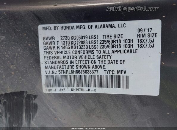5FNRL6H86JB038377 2018 HONDA ODYSSEY Gray Engine compartment view