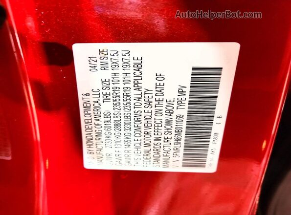 5FNRL6H86NB011069 2022 HONDA ODYSSEY Burgundy Widok naklejki z numerem VIN