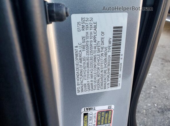 5FNRL6H86TB002224 2026 HONDA ODYSSEY Silver Widok naklejki z numerem VIN
