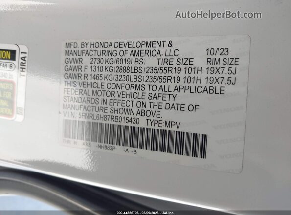 5FNRL6H87RB015430 2024 HONDA ODYSSEY Белый 