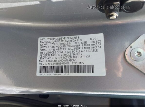 5FNRL6H88NB040038 2022 HONDA ODYSSEY Серебряный Вид подкапотного пространства
