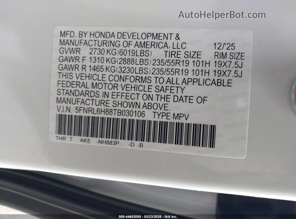 5FNRL6H88TB030106 2026 HONDA ODYSSEY White Vista del compartimento del motor