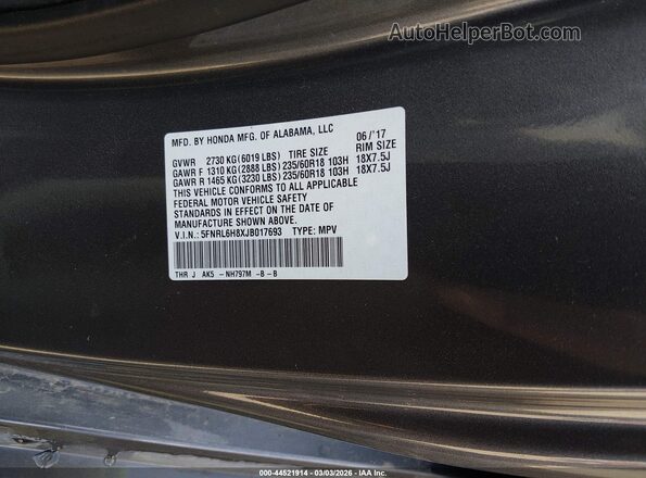 5FNRL6H8XJB017693 2018 HONDA ODYSSEY Gray 