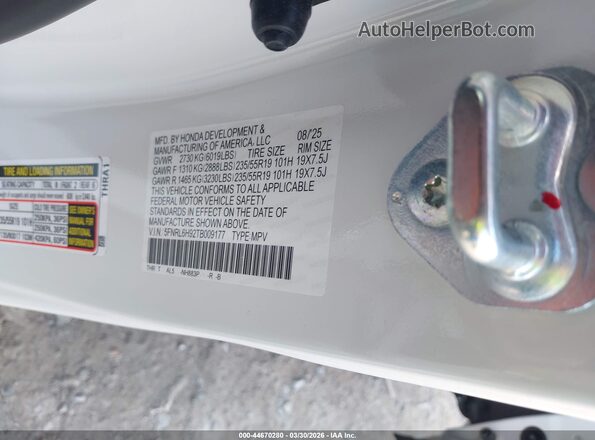 5FNRL6H92TB009177 2026 HONDA ODYSSEY White ძრავის განყოფილების ხედი