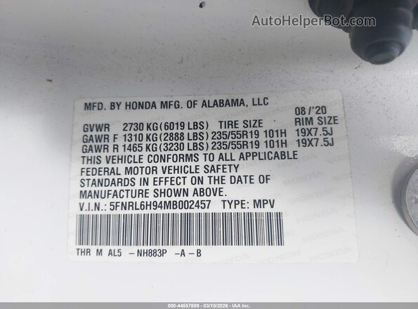 5FNRL6H94MB002457 2021 HONDA ODYSSEY Белый Вид подкапотного пространства