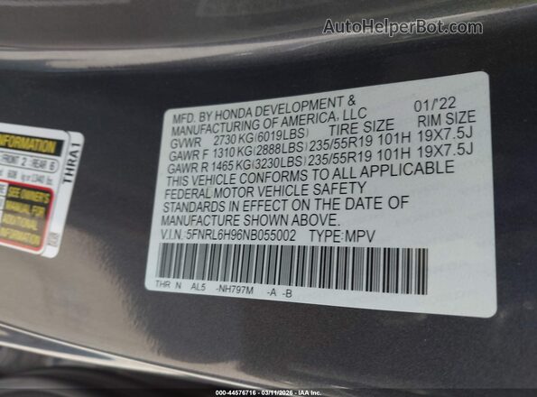 5FNRL6H96NB055002 2022 HONDA ODYSSEY Gray Engine compartment view