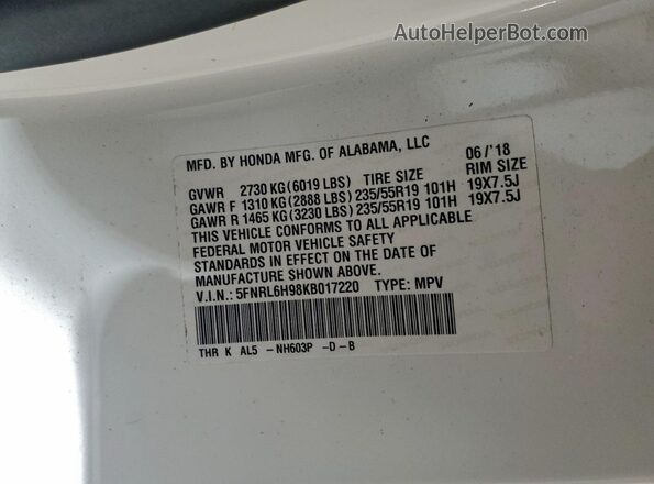 5FNRL6H98KB017220 2019 HONDA ODYSSEY White 