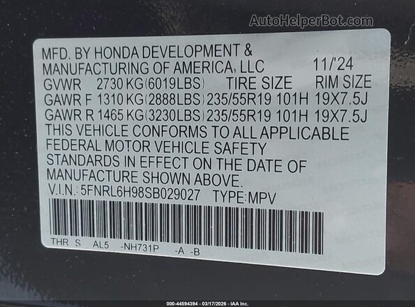 5FNRL6H98SB029027 2025 HONDA ODYSSEY Black Vista del compartimento del motor