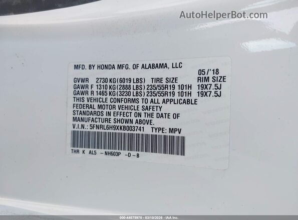 5FNRL6H9XKB003741 2019 HONDA ODYSSEY White 