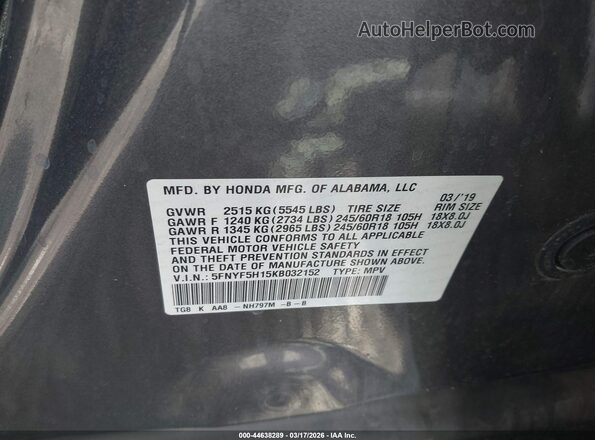 5FNYF5H15KB032152 2019 HONDA PILOT Gray Engine compartment view