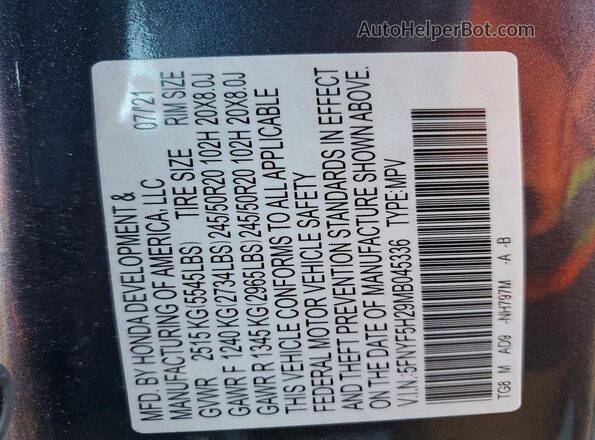 5FNYF5H29MB045336 2021 HONDA PILOT Gray 360 interior view