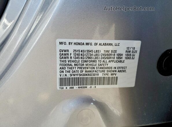 5FNYF5H30KB023019 2019 HONDA PILOT Серебряный 