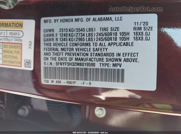 5FNYF5H32MB019590 2021 HONDA PILOT Red Vista del compartimento del motor